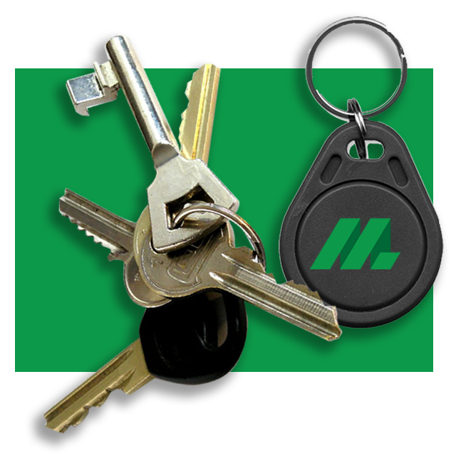 A keychain and electronic fob for security purposes against a green color field.