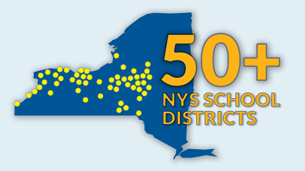 Une carte bleue de l'État de New York avec des éclats jaunes indiquant les emplacements approximatifs de plus de 50 clients des districts scolaires.
