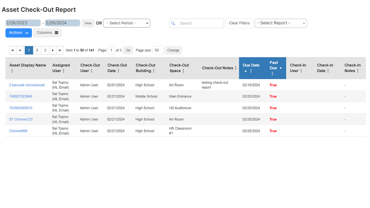 ML Work Orders Asset Check Out Report Screen