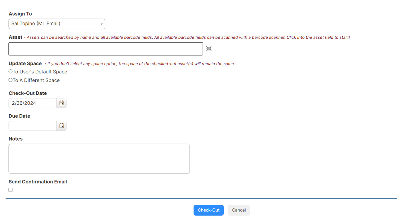 ML Work Orders Check Out Assets Screen