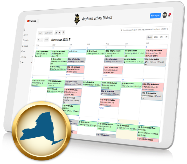 ML Schedules on tablet with icon of state of New York