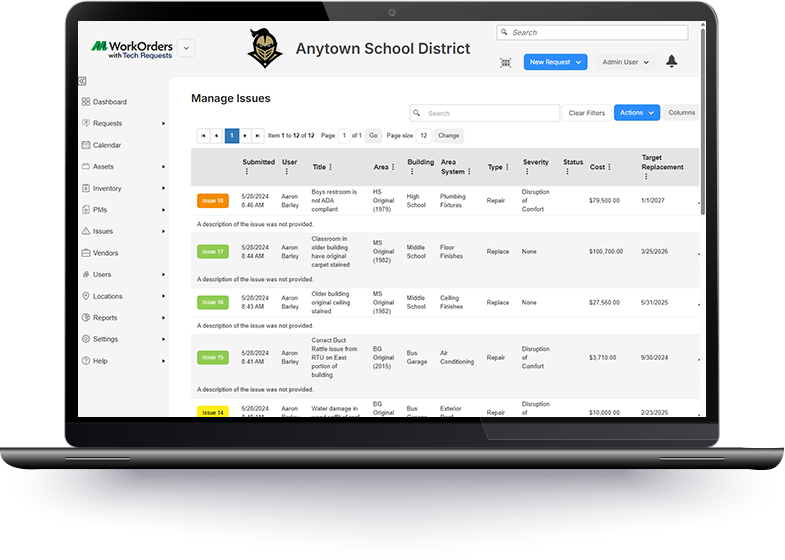ML Work Orders Issues Module Screen